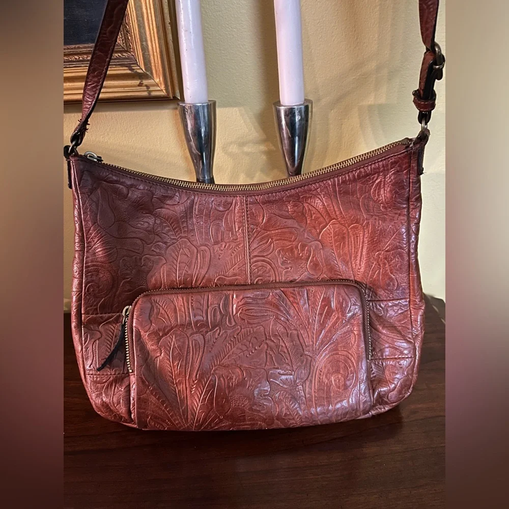 Margot Floral Leather Shoulder Bag - Reddish Brown - Picture 1 of 14